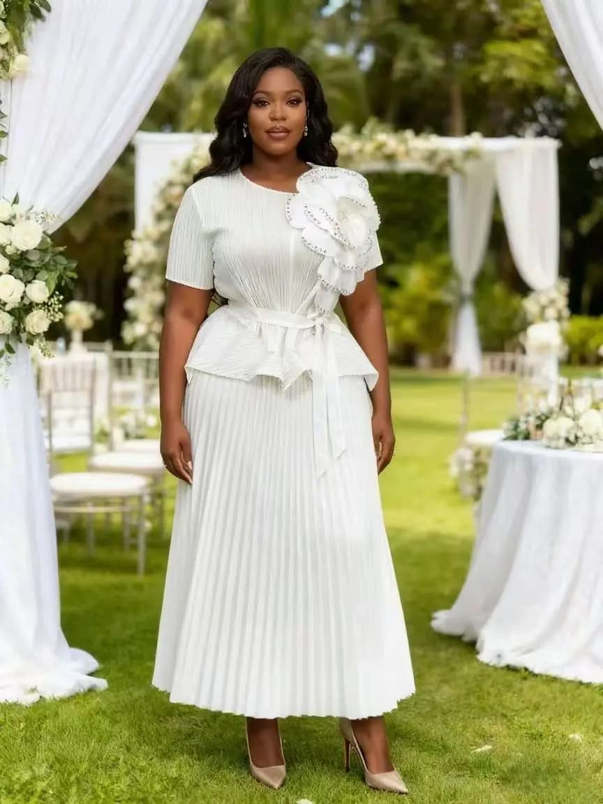 Miyaki Plus-Size Skirt Set Short-Sleeve Top Dress Women's Three-Dimensional Floral Rhinestone Two-Piece Set Pleated High-Elasticity Banquet Elegant Ladylike Belt Slim-Fit Pleated Skirt