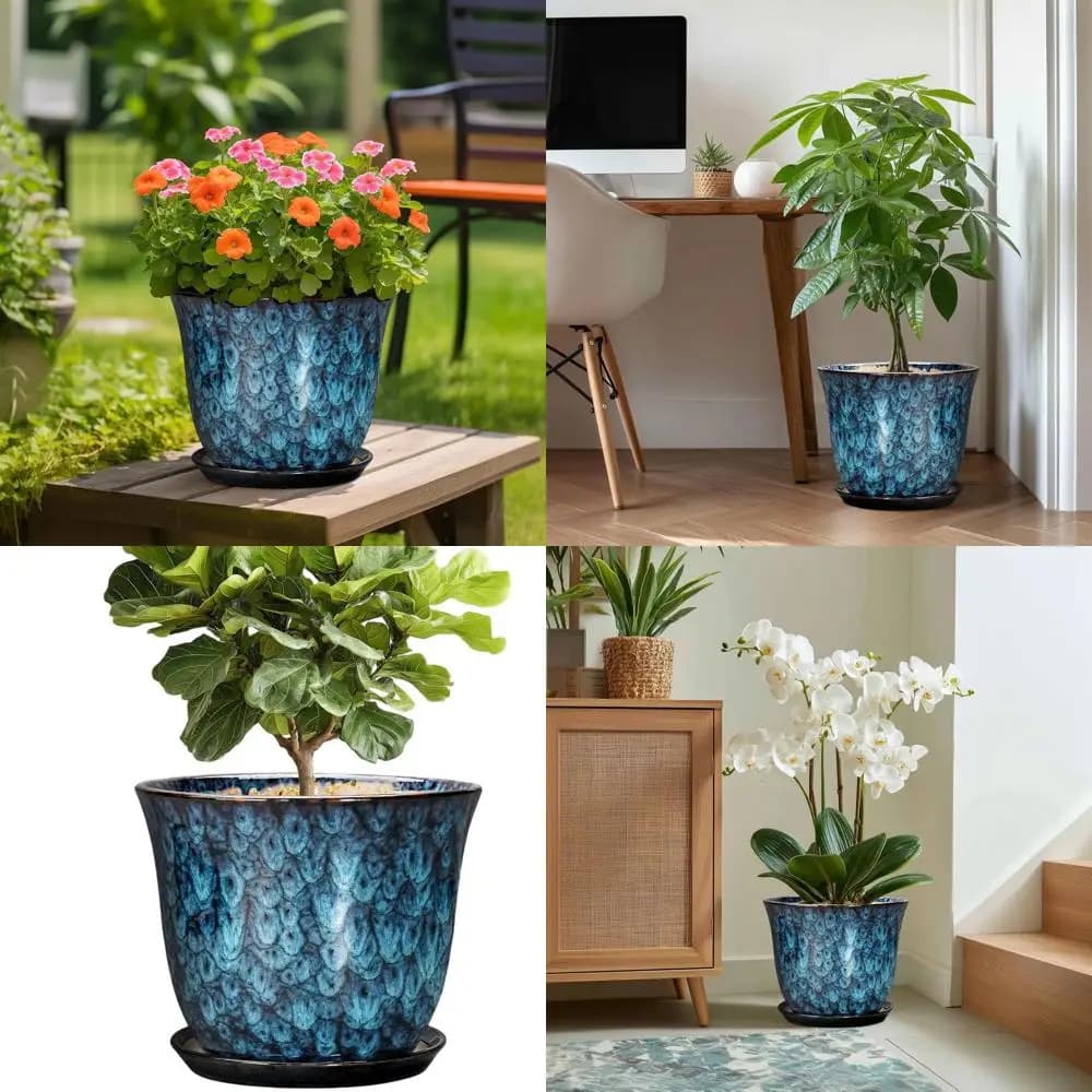 Vasi Rotondi da 12 Pollici - Per Uso Interno ed Esterno, Grande Fioriera Decorativa con Drenaggio e Sottovaso, Ideale per Casa e Giardino, Blu
