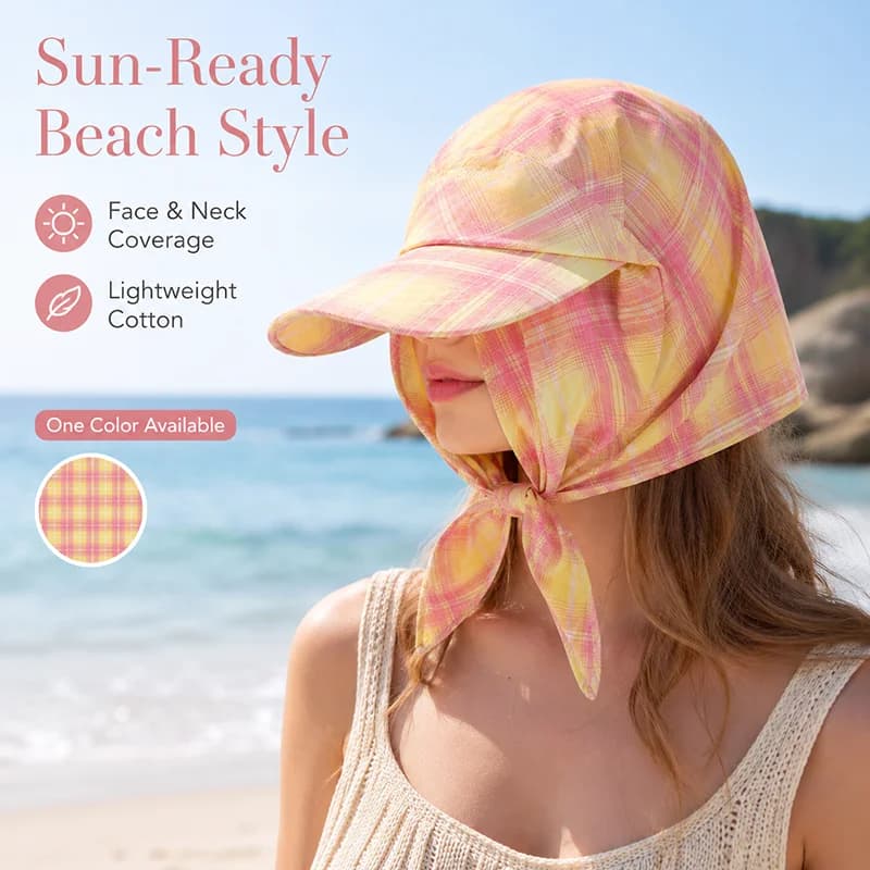 Women Triangle Sun Hat Cotton Plaid Adjustable Headscarf Breathable Windproof Beach Scarf Visor French Pastoral Summer Cap Shawl