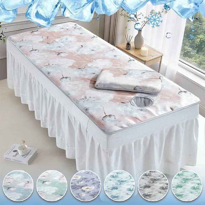 Ice Silk Beauty Bed Cooling Mat Breathable Mesh Salon Bed Sheet with Face Hole Massage Table Pad for Summer Beauty Salon Spa Use