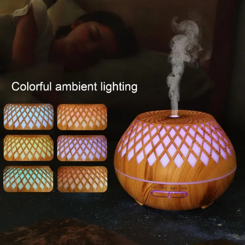 500ml Essential Oil Diffuser Home Large Room Wood Cool Mist Humidifier 7 Color Lights Heavy Fog Rhombus Hallowed Out