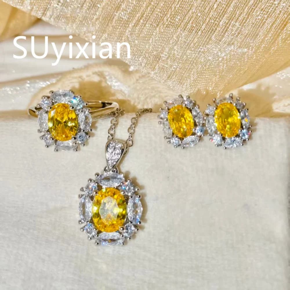Set di Tre Pezzi in Argento Sterling 925: Anello, Orecchini e Collana con Zirconi Gialli a Forma di Girasole, Design Elegante e Lussuoso