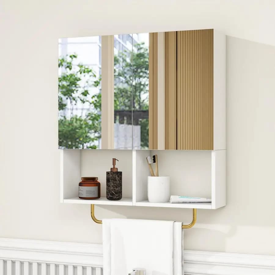 Armadietto da parete con specchio, ripiani regolabili, mobiletto porta medicinali con portasciugamani per bagno, lavanderia, ripostiglio