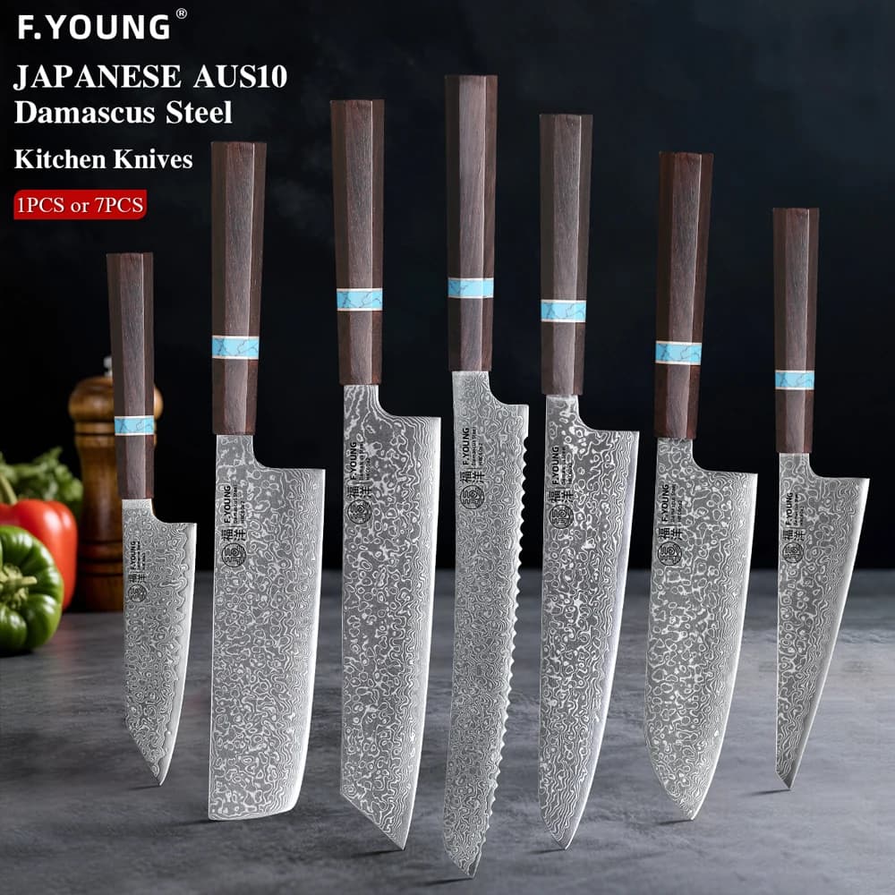 F.YOUNG Set di Coltelli da Cucina Professionali 1-7 Pezzi, Coltello Multiuso Santoku, per Pane e Frutta, Coltello da Chef Giapponese Forgiato a Mano in Acciaio Damasco