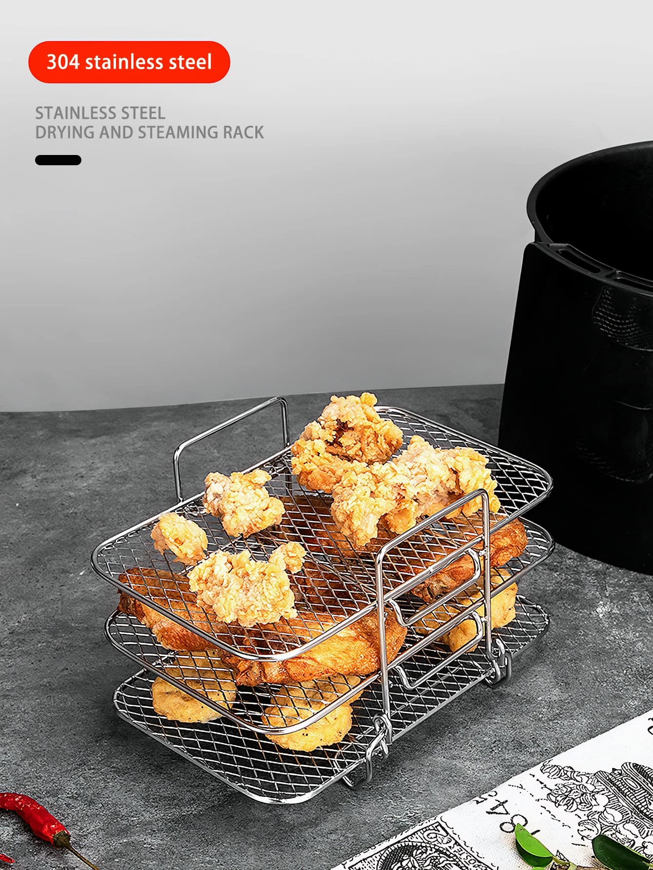 Air fryer grill, three layer square air fryer grill, stainless steel stackable toaster grill, suitable for baking and cooking