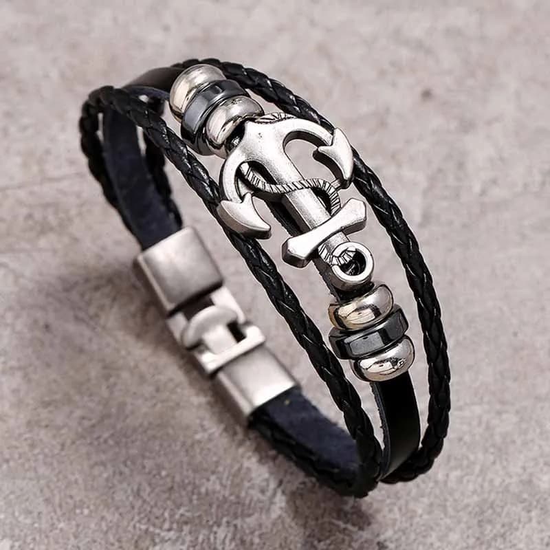 Man Bracelet Vintage Multi Layered Black Handmade Braided Leather Bracelets Punk Anchor Charm Jewelry Accessories