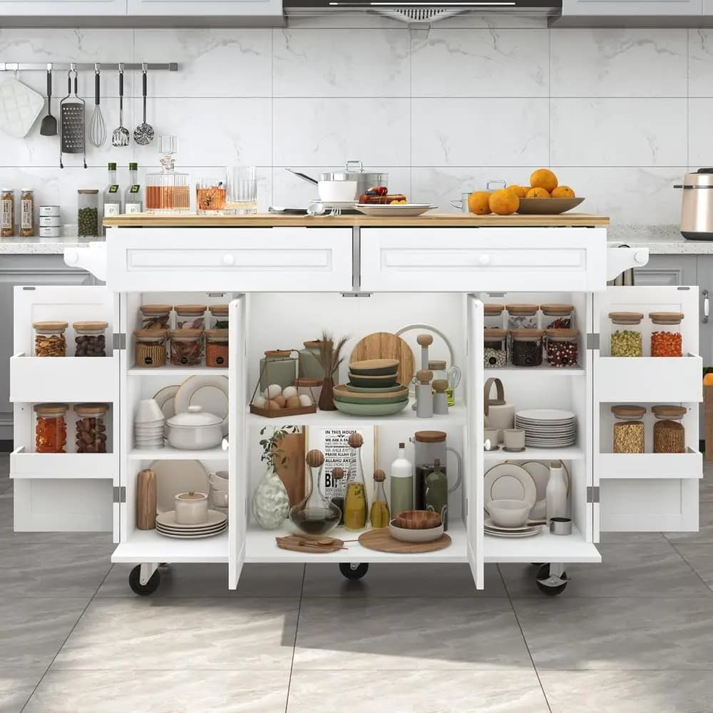 Carrello da Colazione con Piano in Legno a 55 Pollici, Isola da Cucina Mobile con Spazio di Archiviazione, Porta Spezie e Portasciugamani, Bianco