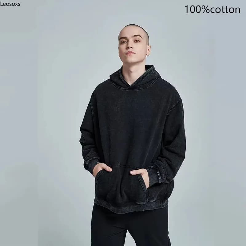 Best Selling Autumn and Winter Vintage Washed Hoodie Men's Vintage Long Sleeved Harajuku Sweatshirt 100% Pure Cotton