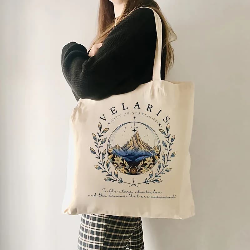 90s ACOTAR Velaris Pattern Tote Bag Canvas Shoulder Bag For Daily Commute Women's Shopping Bag Trendy Folding Shoulder Bag