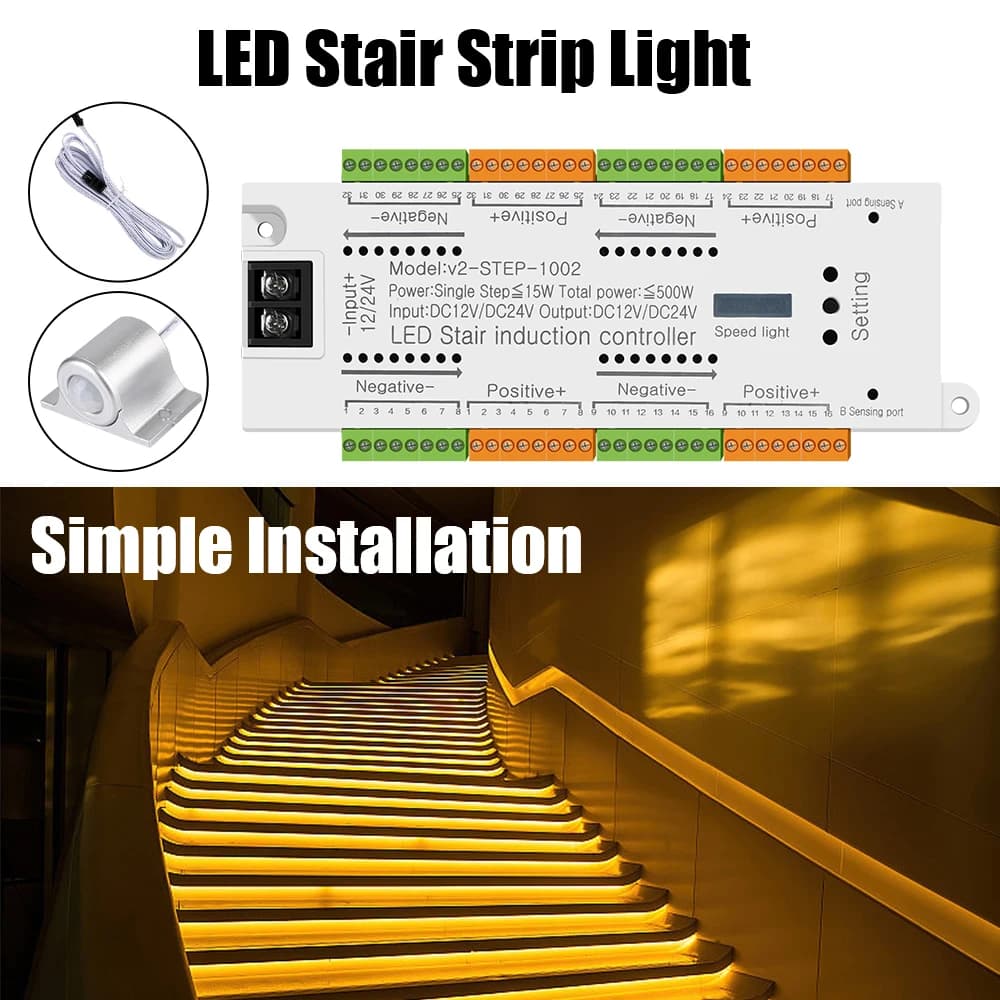 LED Motion Sensor Indoor For Stairs Flexible Strip 32 Channels Automatic Stair Light Controller Kit Stairway Lighting DC 12V 24V