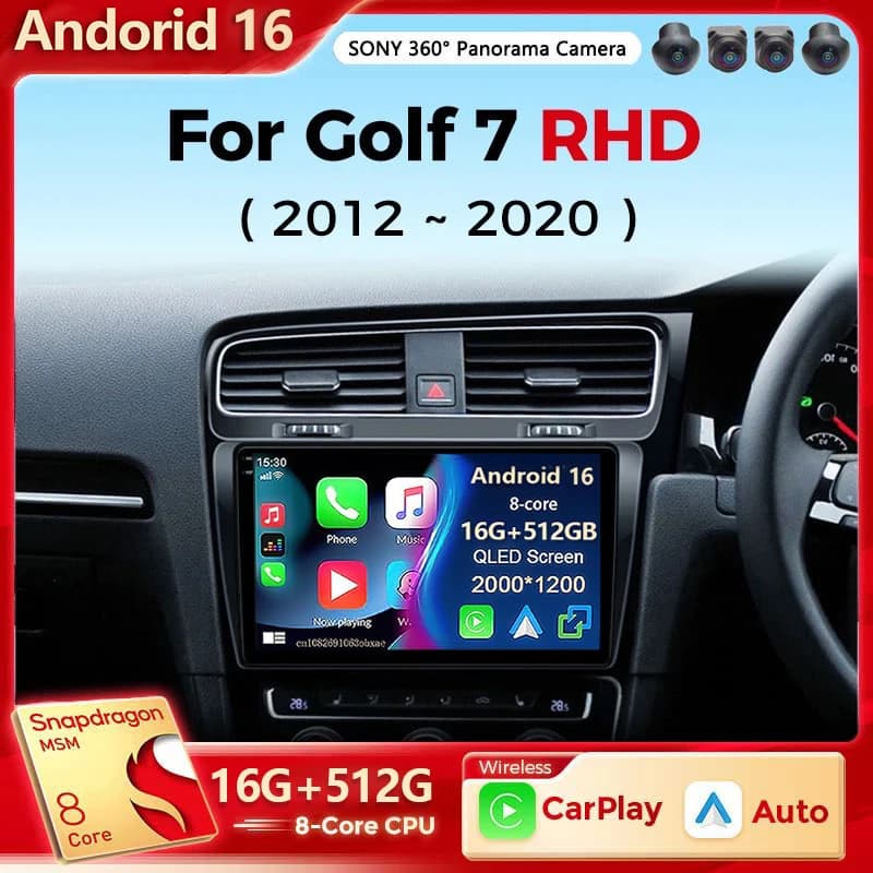 Android 15 Autoradio For Volkswagen VW Golf 7 MK7 GTI 2012-2021 RHD Carplay Android Stereo Video Player 2 Din
