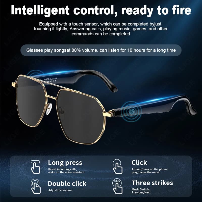 Occhiali intelligenti Fotocamera Ripresa remota Chiamata Bluetooth Musica Microfono stereo Occhiali da sole touch da uomo Assistente vocale AI per telefono Android IOS