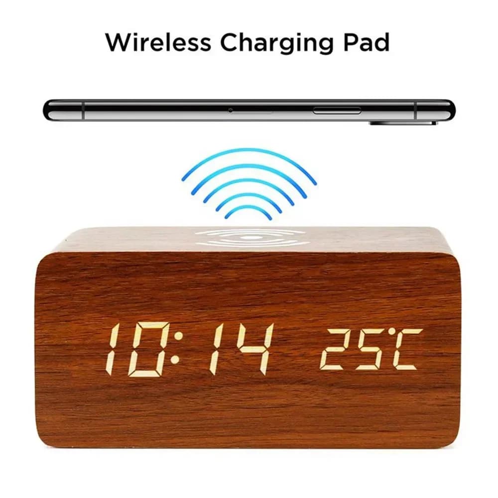 Sveglia LED Orologio da tavolo digitale in legno alimentato tramite USB/AAA con temperatura, umidità, ricarica wireless, orologi da scrivania elettronici