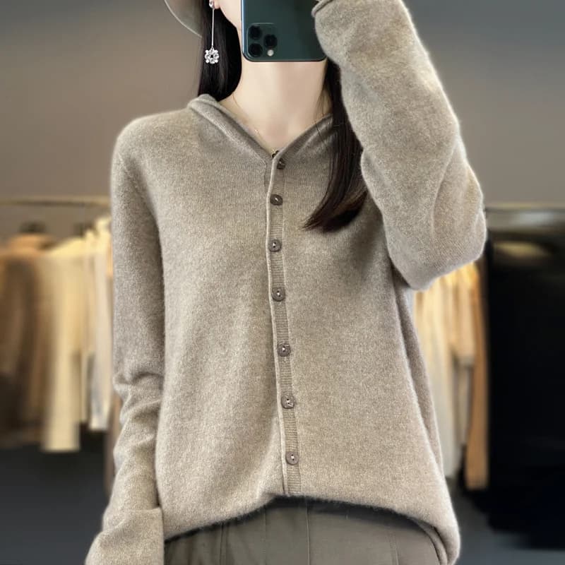 Cardigan con cappuccio da donna autunno 100% lana merino maglione tinta unita a maniche lunghe comodo top morbido stile classico