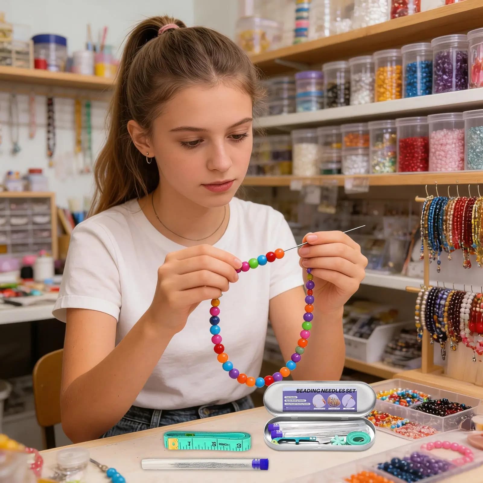 Set di 102 Aghi per Perline, Strumenti per Creazione di Braccialetti, Aghi per Ricamo, Cucito, Lavoro a Maglia, Uncinetto e Quilting