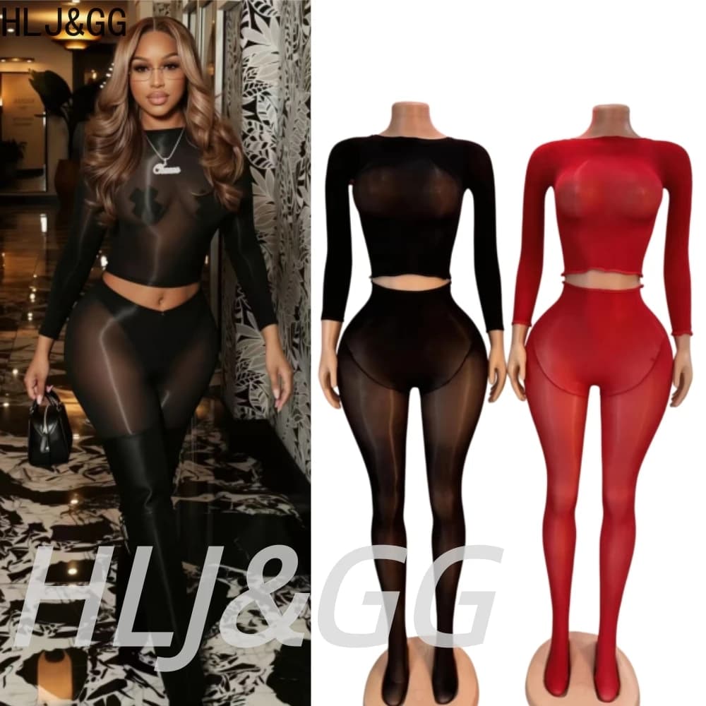 HLJ&GG Set di due pezzi in rete trasparente sexy da donna, top corto slim a maniche lunghe con scollo rotondo e pantaloni attillati, calzini, abiti da club