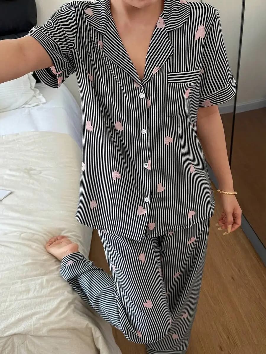 Striped Heart Print Lapel Short Sleeve Pajama Set For Women