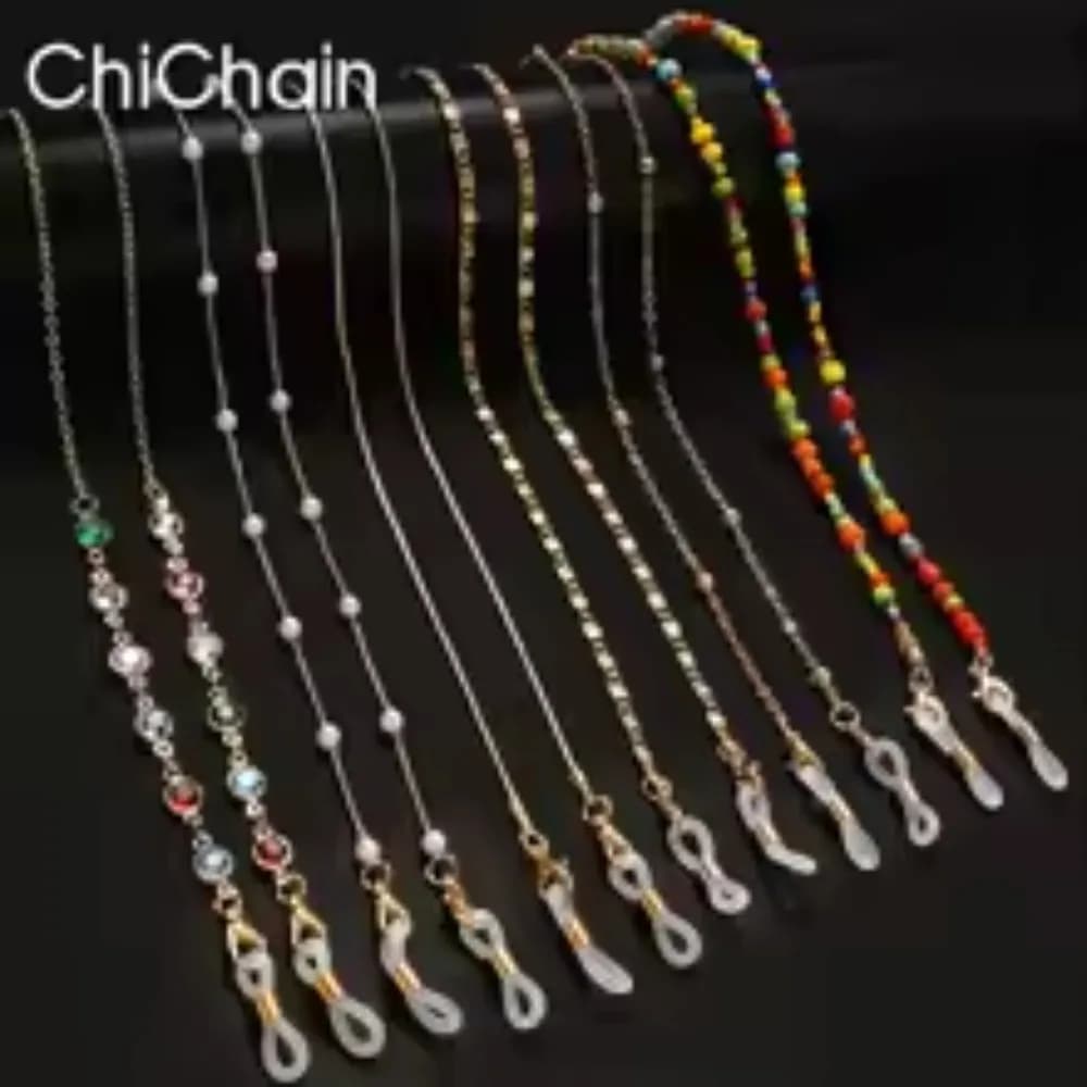 Catena per occhiali da sole da donna – Perline in acrilico e cristallo su filo di vetro, gioielli per occhiali alla moda
