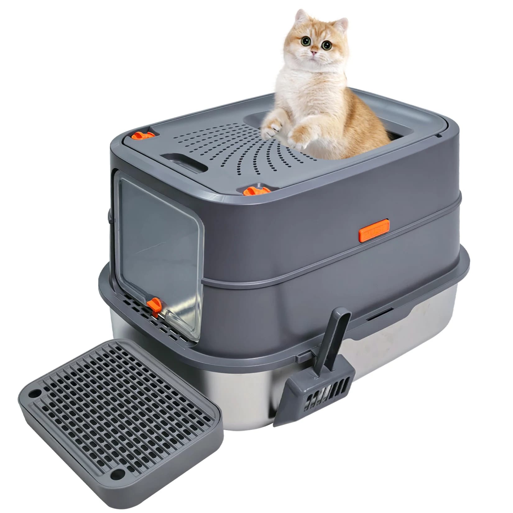 Lettiera per Gatti in Acciaio Inossidabile, Extra Large Completamente Chiusa con Coperchio e Vassoio a Bordi Alti, Anti-Perdita, 2-in-1 Completamente/Semi-Chiusa