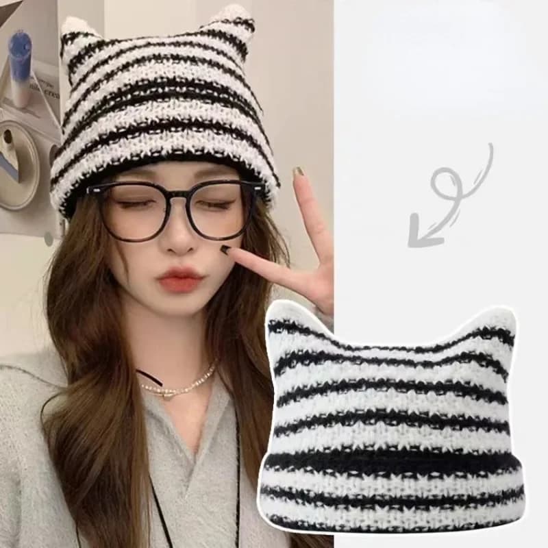 Nuovo giapponese streetwear Harajuku Beanie Little Devil cappello lavorato a maglia a righe donna ragazza autunno inverno simpatico berretto con orecchie di gatto