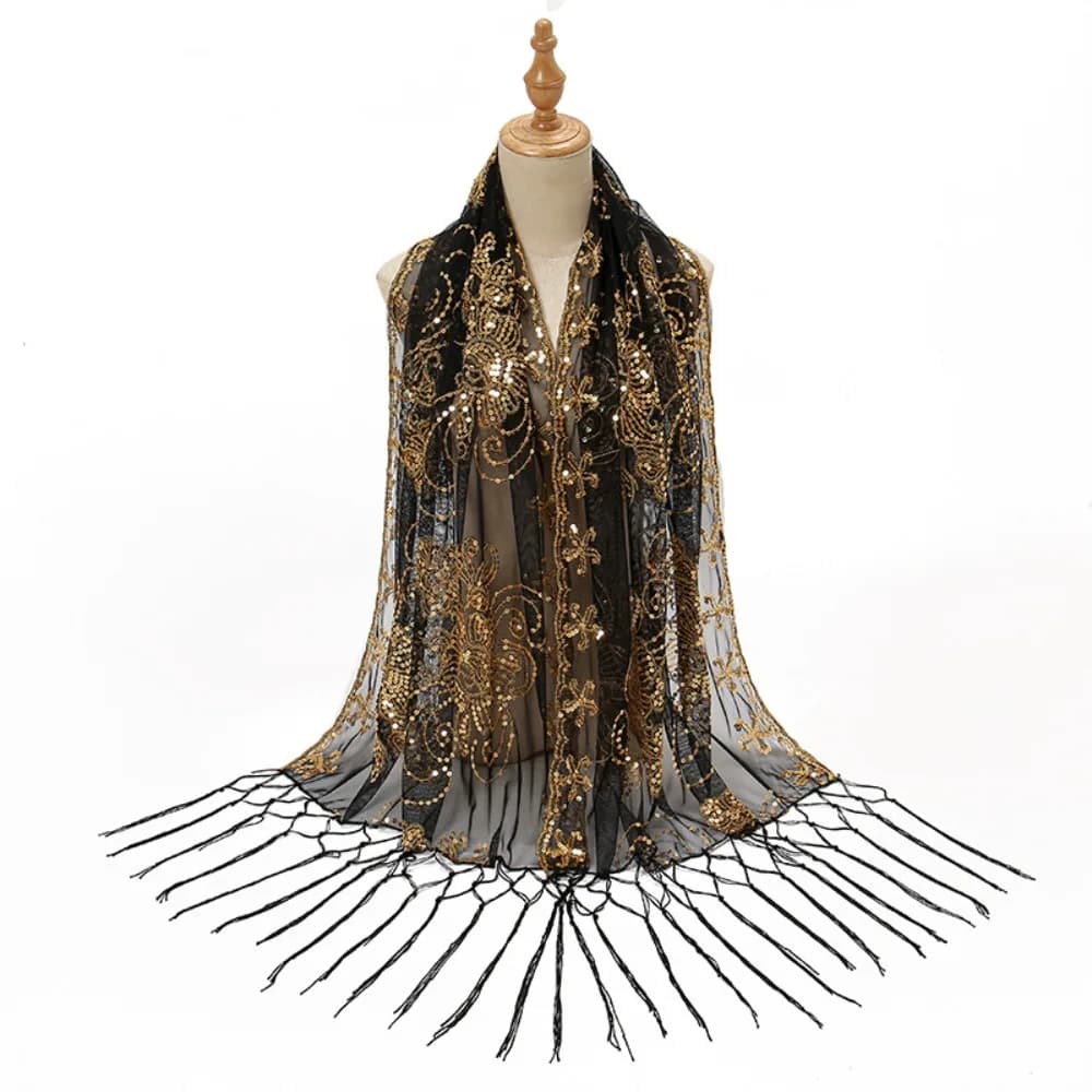 Eleganti Sciarpe in Rete con Paillettes, Trasparenti e Glitterate, per Abiti da Sera, Foulard, Sciarpe da Collo, con Nappe, per Feste