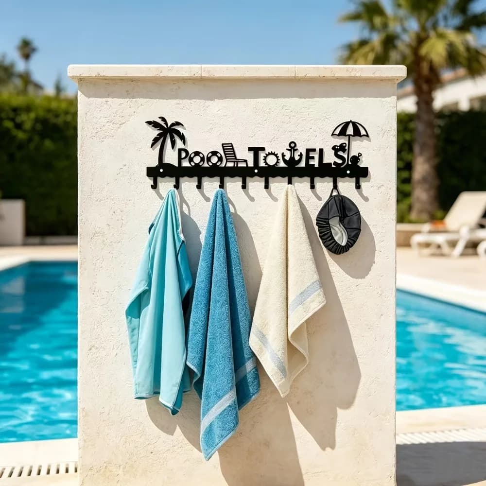 Wrought Iron Wall-Mounted Hook Rack for Poolside (Towels, Swimwear, Swim Caps) – 10-Hook Outdoor Patio Organizer – Ideal for Villa Poolside Decor & Seaside Vacation Style