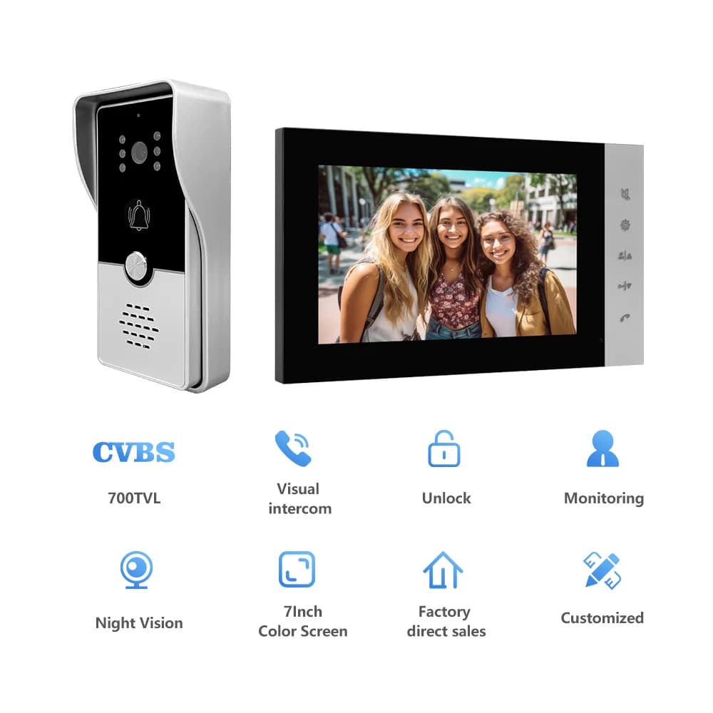 Videocitofono 720P Schermo a colori da 7'' Citofono domestico Sistema di controllo accessi elettronico con visione notturna intelligente ad alta definizione