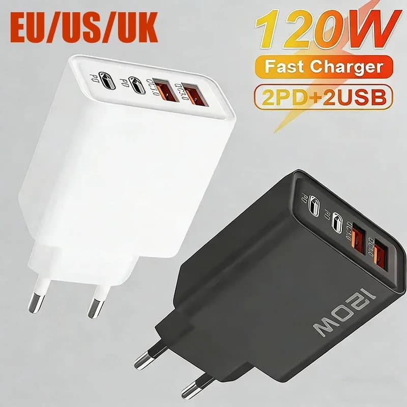 4-Ports 120W Charger USB C PD Quick Charge 3.0 Type-C USB Phone Chargers Super Fast Charging Adapter For iPhone17 Samsung Xiaomi