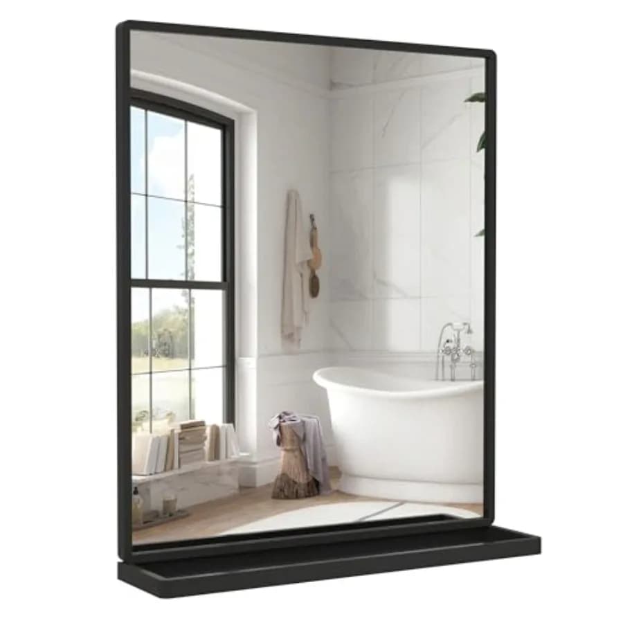 Specchio da Bagno con Mensola, Specchio da Parete Rettangolare con Cornice in Metallo, da Appendere Orizzontalmente o Verticalmente, 24'' X 20''