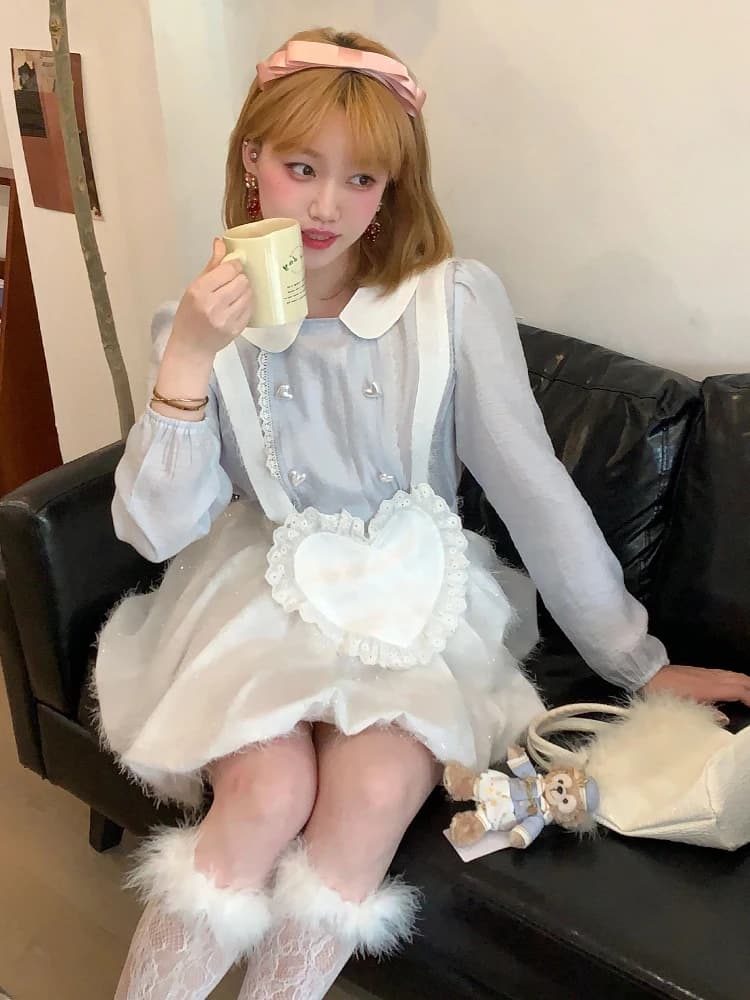 Blue Doll Collar Shirt Women's plus Size Waist Cinched Overalls JK Uniform Set Fashionable Commute Style Long Sleeve Short Dress