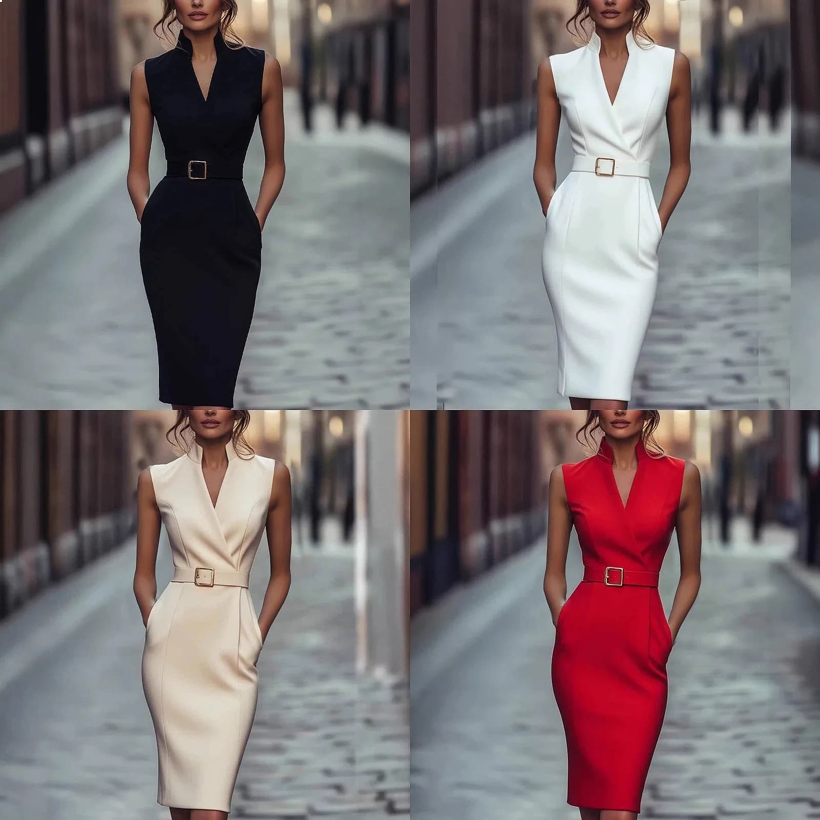 Elegante Abito Senza Maniche con Cintura e Tasche, Tuta Casual Primaverile ed Estiva