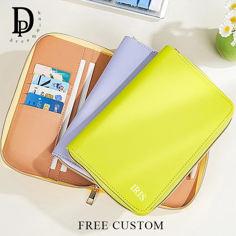 Notebook a fogli mobili con nome personalizzato A6Diary Portafoglio da viaggio multifunzione da lavoro di lusso Porta carte di moda in pelle Porta passaporto con cerniera