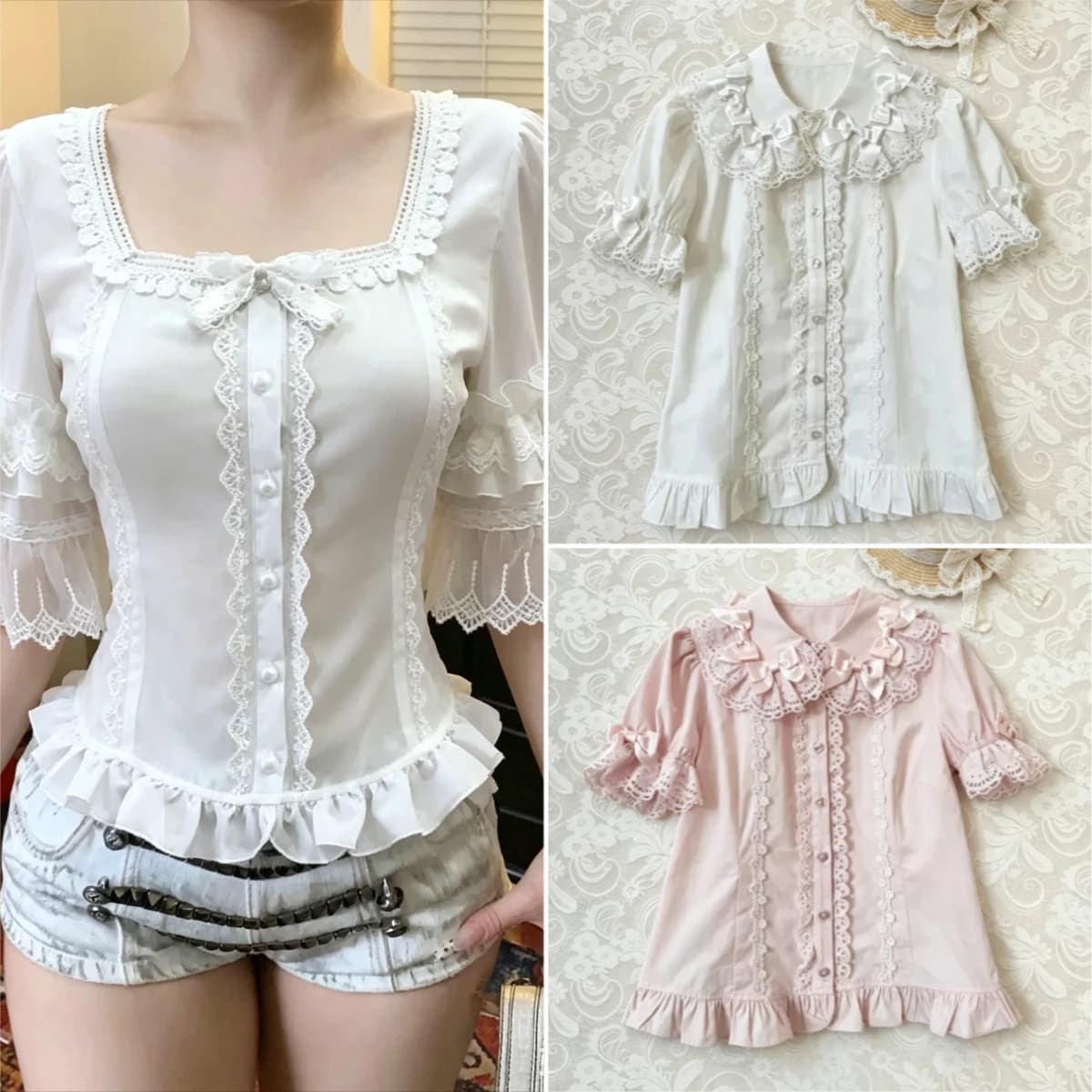 Vintage Y2K Lolita Style Blouses Women Elegant Square Neck Lace Half Flare Sleeve Shirt Female Sweet Fashion Button Tops New