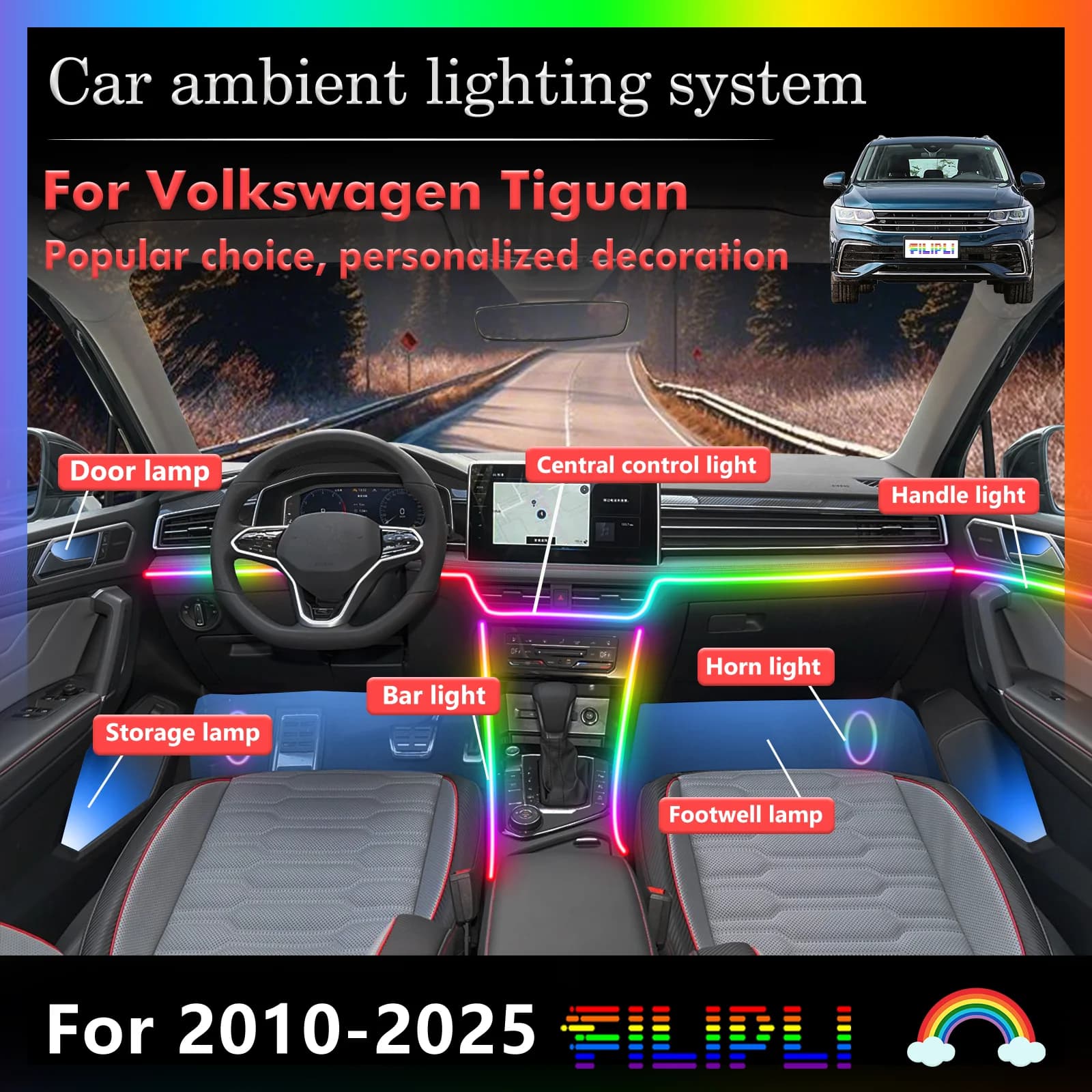 Kit 10 in 1 per Volkswagen Tiguan 5N AD1 CT1, Luci Ambientali LED per Auto, Illuminazione Atmosferica Colorata, Strisce Neon per Interni Auto, 64 RGB APP