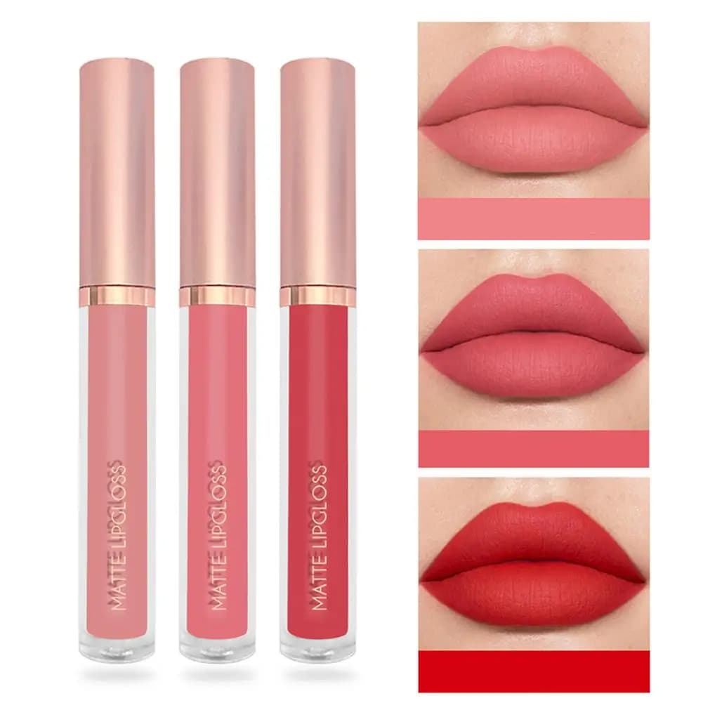 24H Waterproof Matte Velvet Lipgloss Makeup Women Long-lasting Liquid Lipstick Smudge-proof Lipstick 3pcs/set Nude Lip Gloss