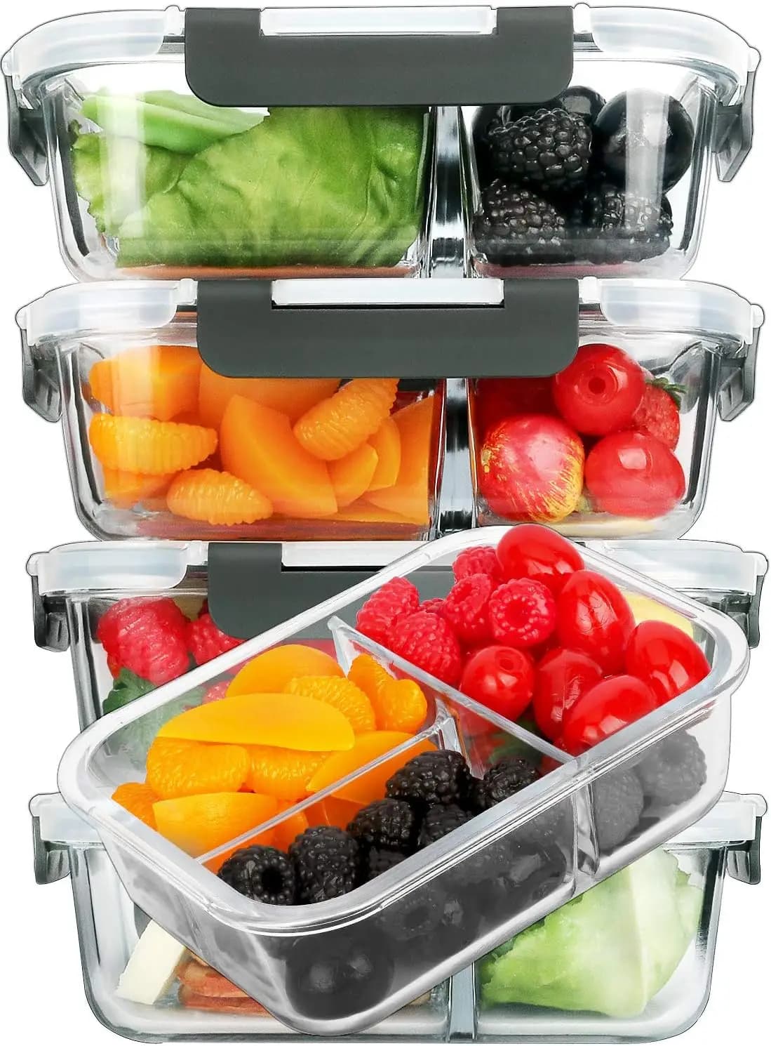 Set di 5 Contenitori in Vetro per Preparazione Pasti con 3 Scomparti e Coperchi, Adatti per Microonde, Forno e Congelatore (36 oz)
