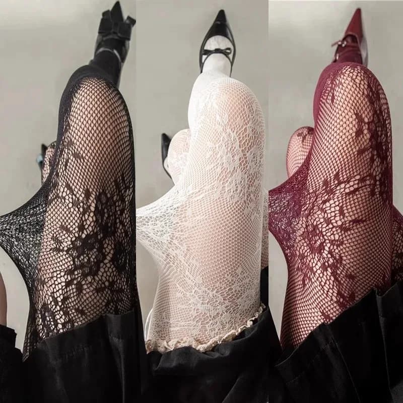 Korean Hollow Lace Mesh Stockings Women Pantyhose Hot Tights Japanese Lolita Retro Rattan Floral Black Long Socks