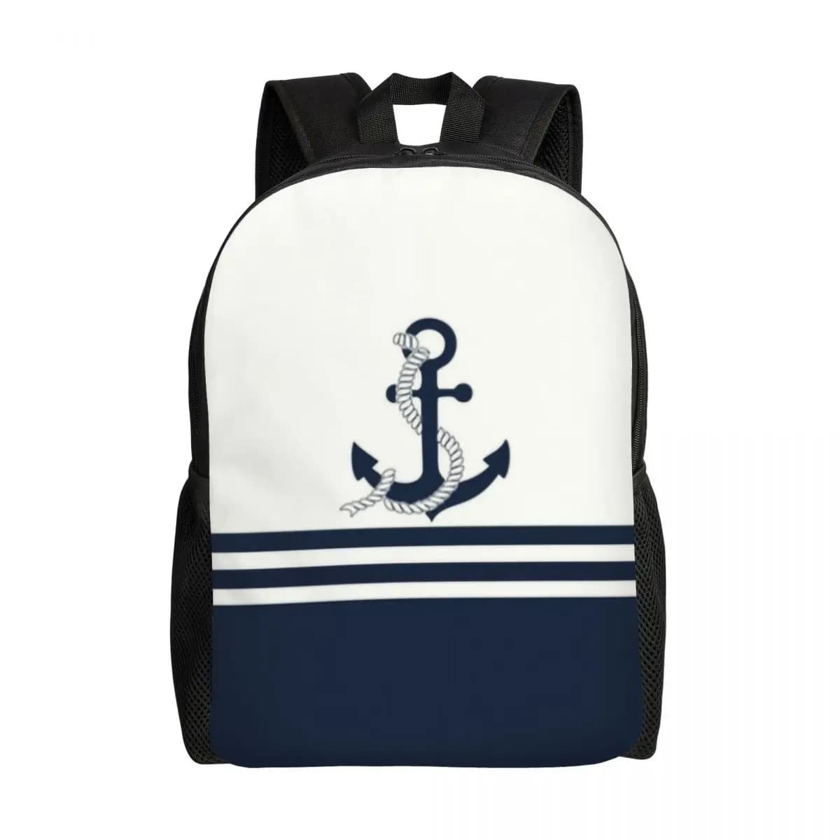 Zaini da barca con ancoraggio nautico a strisce blu navy personalizzati Borse da viaggio per scuola universitaria Donna Uomo Bookbag adatto per laptop da 15 pollici