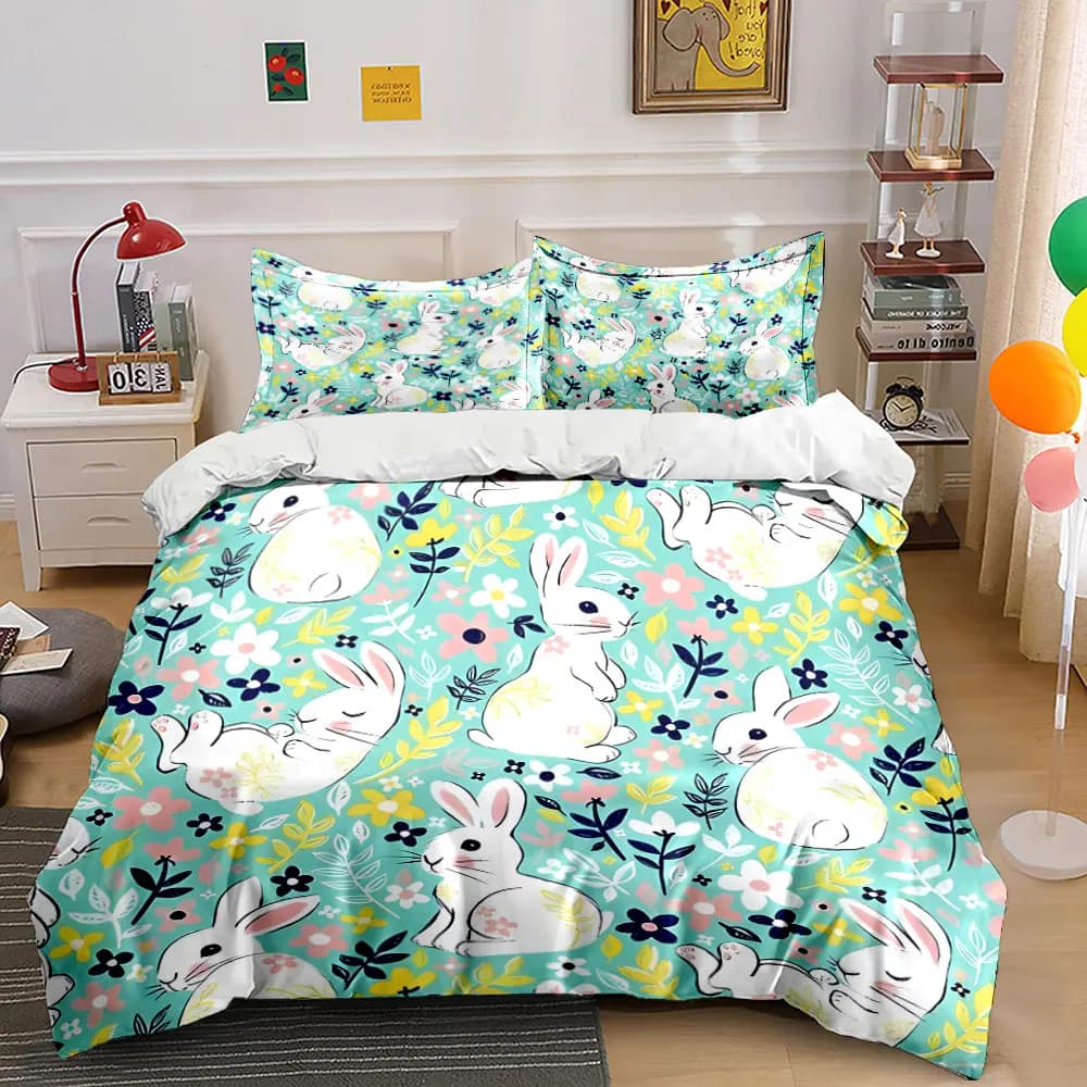 Set copripiumino stampato con simpatici conigli e motivi floreali, 1 copripiumino + 2 federe, decorazioni per la camera da letto in diverse misure, regali di lusso