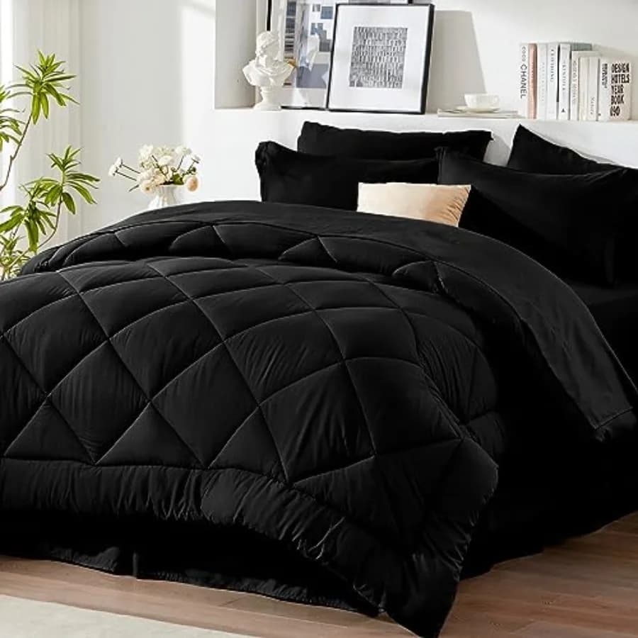 Set Copripiumino Queen Nero - Set Letto Completo Queen Size 8 Pezzi per Tutte le Stagioni, Set Copripiumino Soffice con Lenzuola e Trapunta