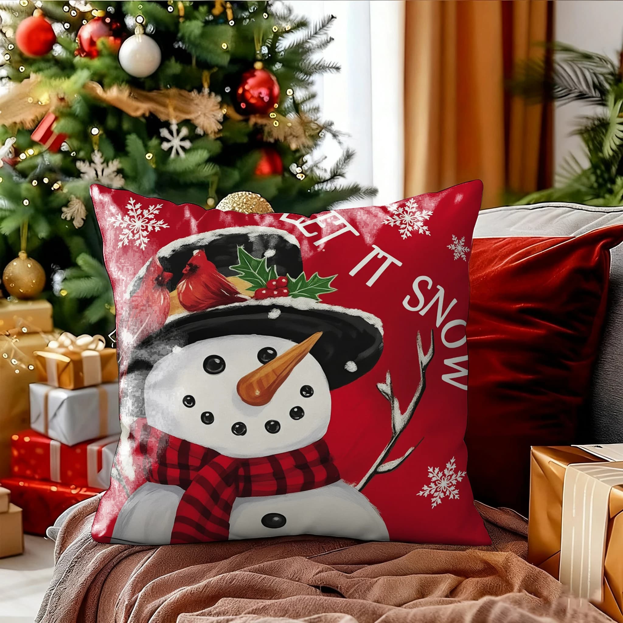 Fodera per cuscino a forma di pupazzo di neve con scritta Let It Snow, adatta per divano, auto, camera da letto, fodera decorativa per cuscino.