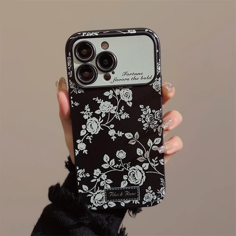 Custodia Morbida Antiurto Vintage con Fiori di Rosa Nera e Finestra Grande per iPhone 17 Air 16 15 14 13 11 12 11 Pro Max XS XR X