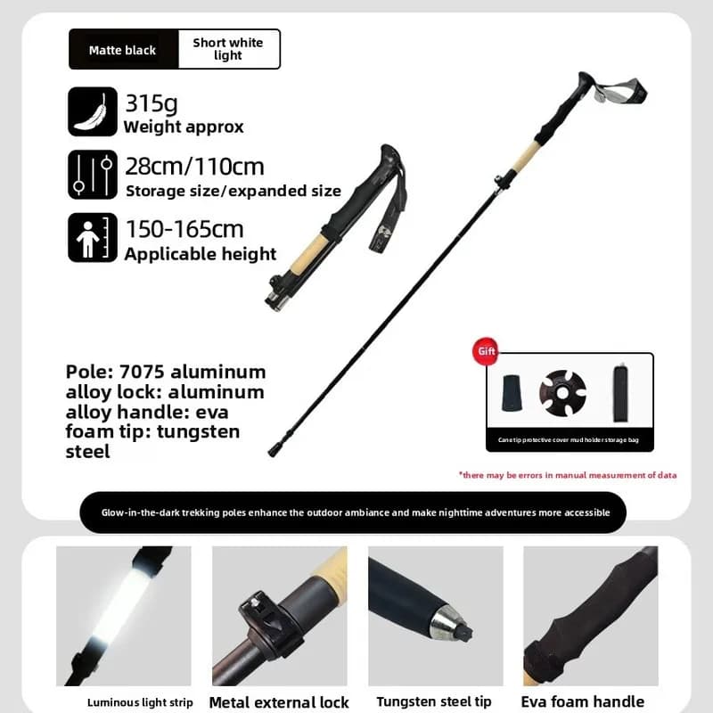 7075 Aluminum Alloy Folding Trekking Pole with LED Light Rechargeable Outdoor Hiking Walking Stick Climbing Cane Lamp