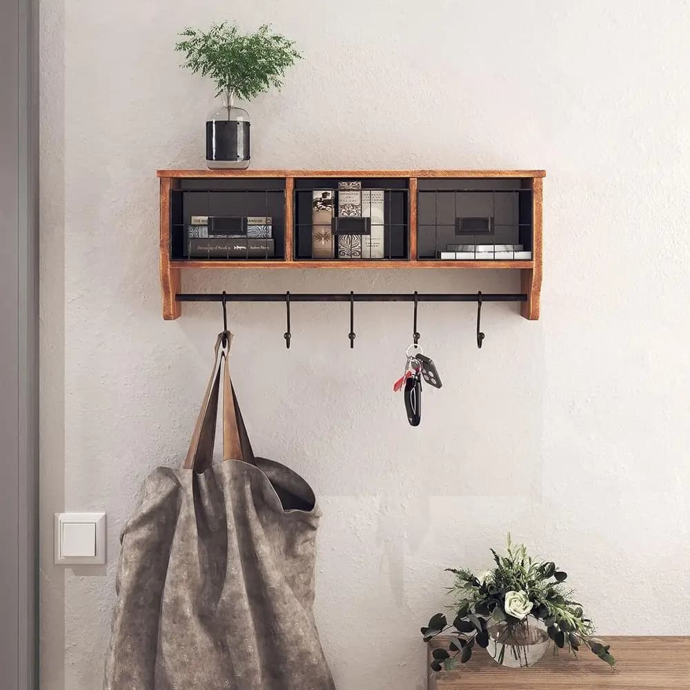 Rustic Wall shelf in Solid Wood with Hanging Hooks and Baskets, Entrance Organizer Largo 24 Inch