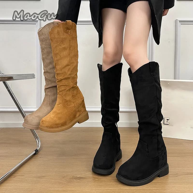 Women's Brown Knee-High Boots Autumn Spring Fashion Platform Shoes Height Increasing Chunky Heel Casual Long Boots Size 35-40