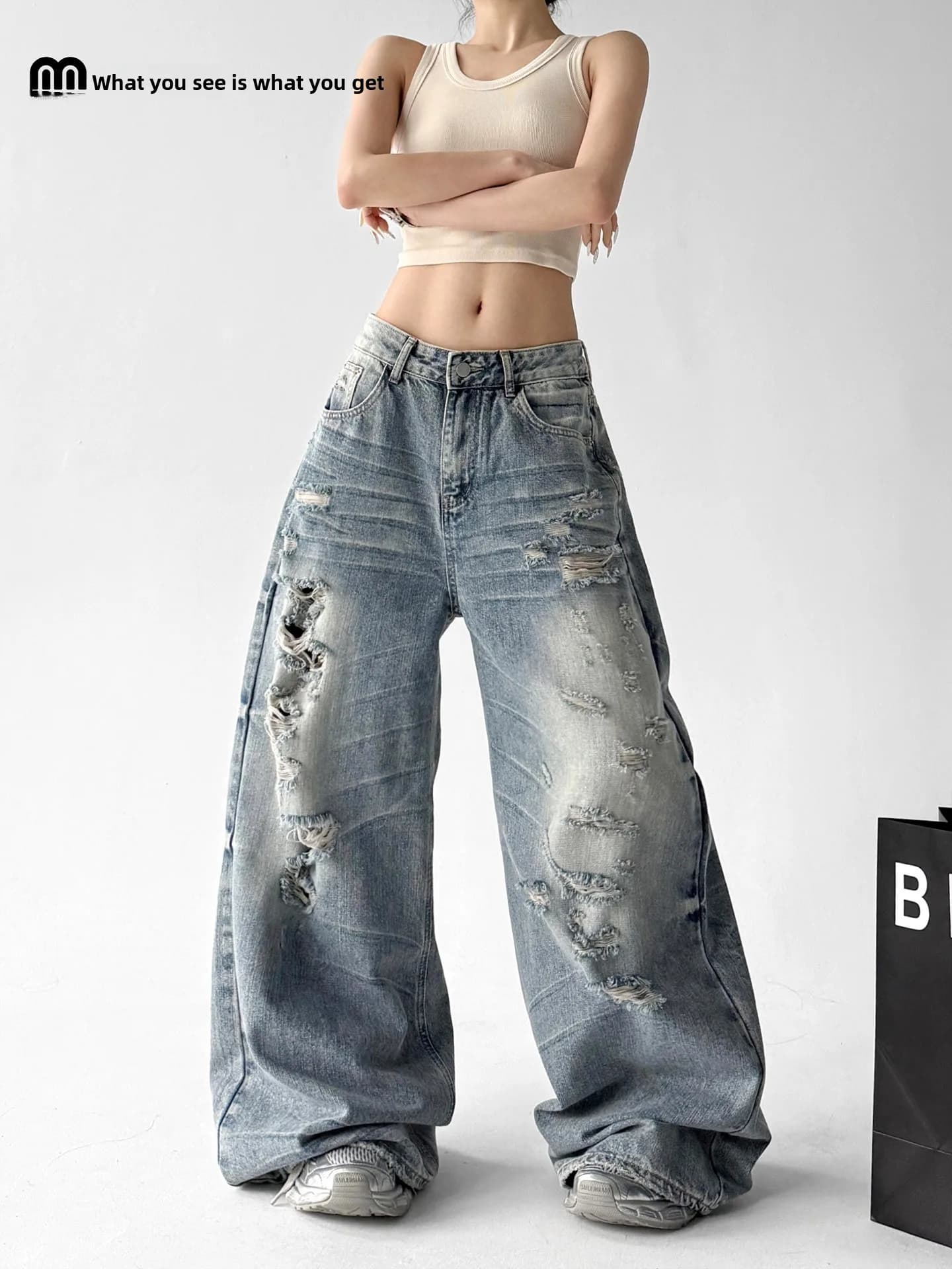 Blue Street Style Ripped Denim Jeans Women's Loose Wide Leg Pants Spring Summer New Style Casual Comfortable Slimming Effect