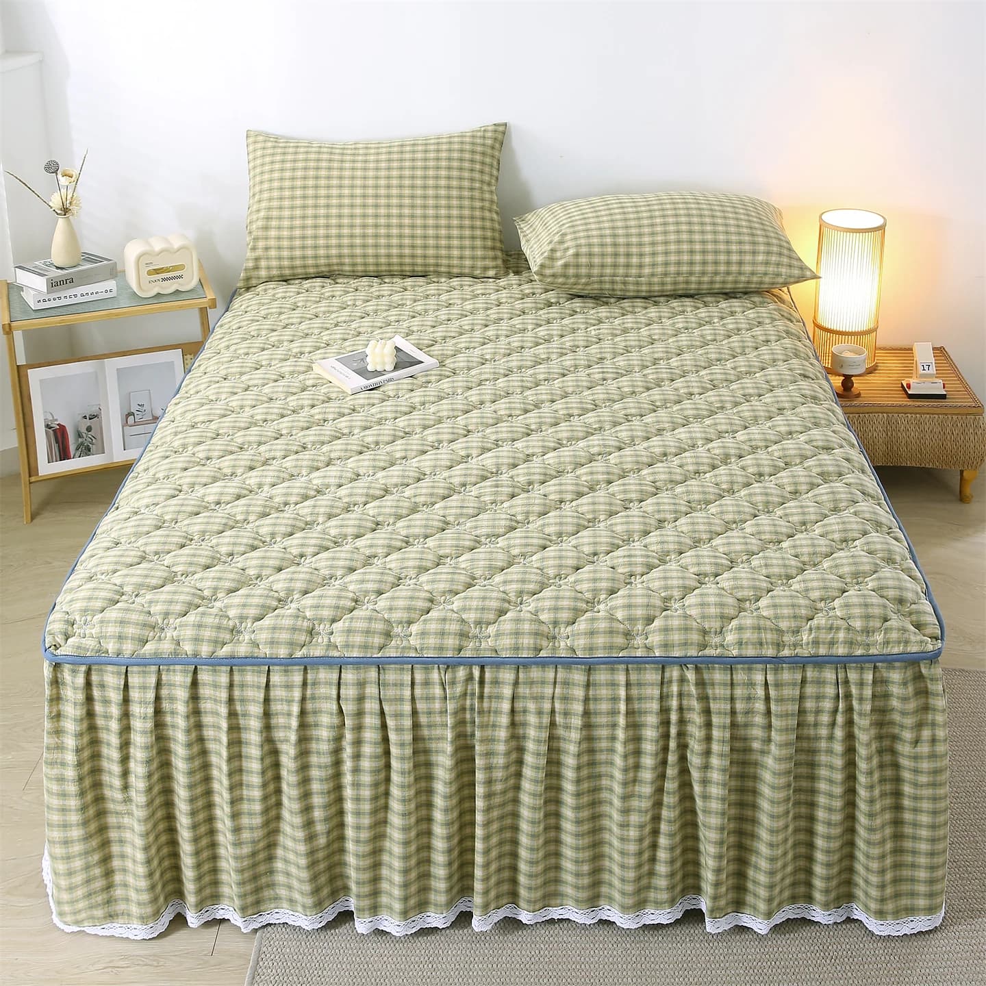 Gonna letto trapuntata 100% cotone con pizzo, per letto singolo/matrimoniale/king size, stile giapponese, con gonna ispessita.