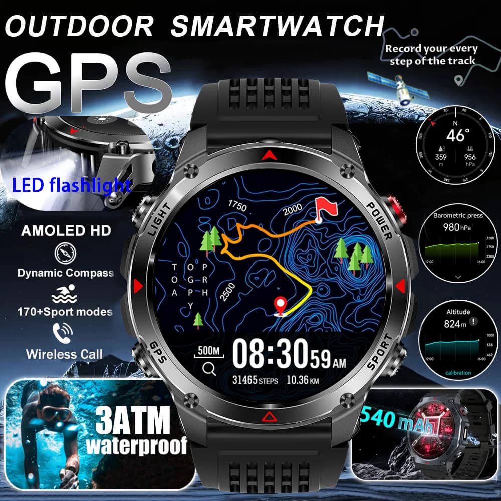 2025 Nuovo Chiamata Bluetooth Militare Smartwatch Da Uomo 1.46 "Schermo AMOLED 3ATM Impermeabile Doppia Frequenza GPS Sport All'aria Aperta Smartwatch