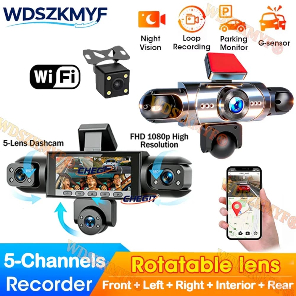 Telecamera DVR per auto a 5 lenti, dashcam per auto, 360° ° Telecamera da cruscotto anteriore e posteriore 1080P con visione notturna e monitoraggio parcheggio 24H