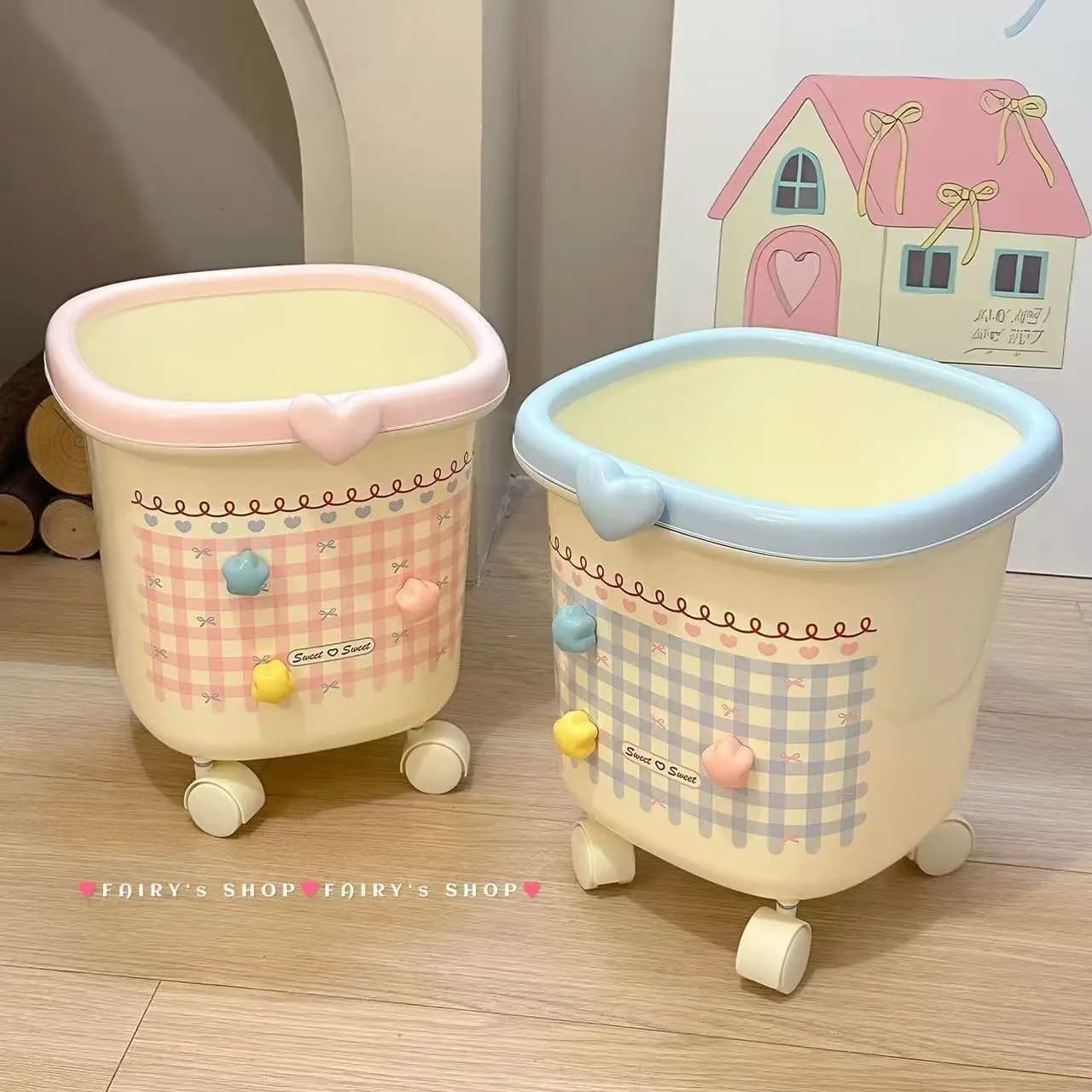Ins Aesthetic Movable Trash Bin Cute Girl Style Large Capacity Waste Basket with Universal Wheels for Bedroom Living Room